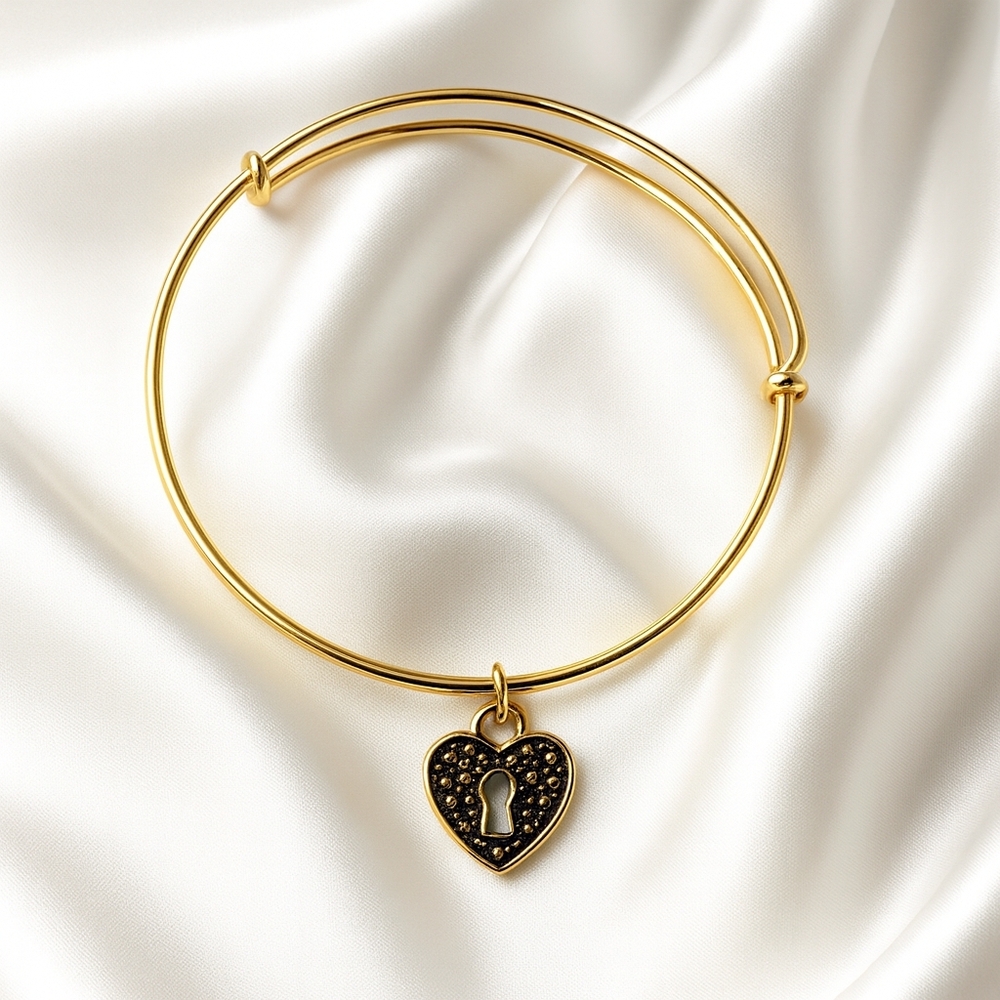 Elegant Gold Expandable Bangle Bracelet – Heart Lock Charm Statement Jewelry